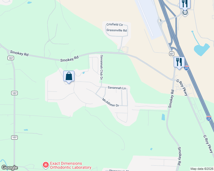 map of restaurants, bars, coffee shops, grocery stores, and more near 813 Savannah Lane in Calera