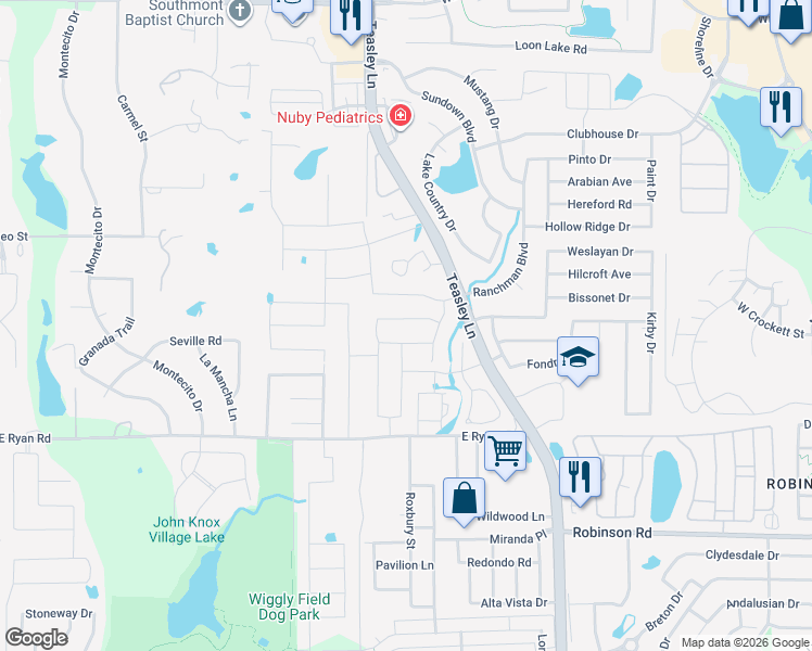 map of restaurants, bars, coffee shops, grocery stores, and more near 2201 Corsair Lane in Lake Dallas