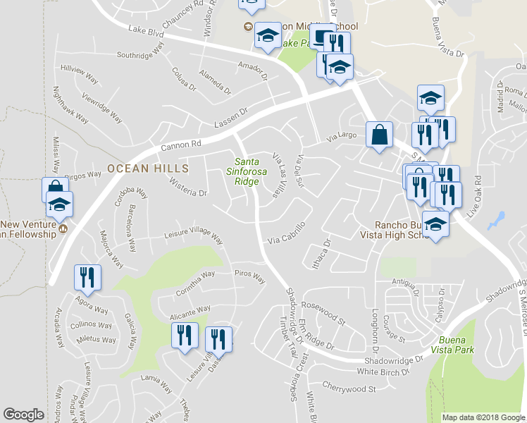 map of restaurants, bars, coffee shops, grocery stores, and more near 3796 Via Las Villas in Oceanside