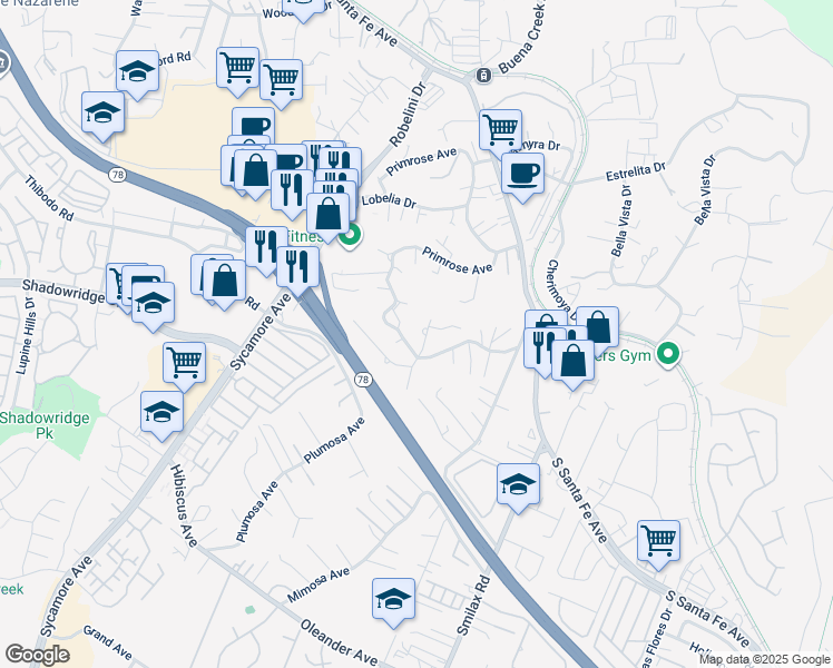 map of restaurants, bars, coffee shops, grocery stores, and more near 347 Morgan Place in Vista