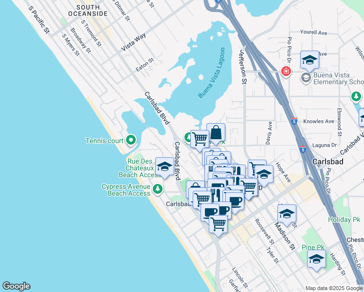 map of restaurants, bars, coffee shops, grocery stores, and more near 2351 State Street in Carlsbad