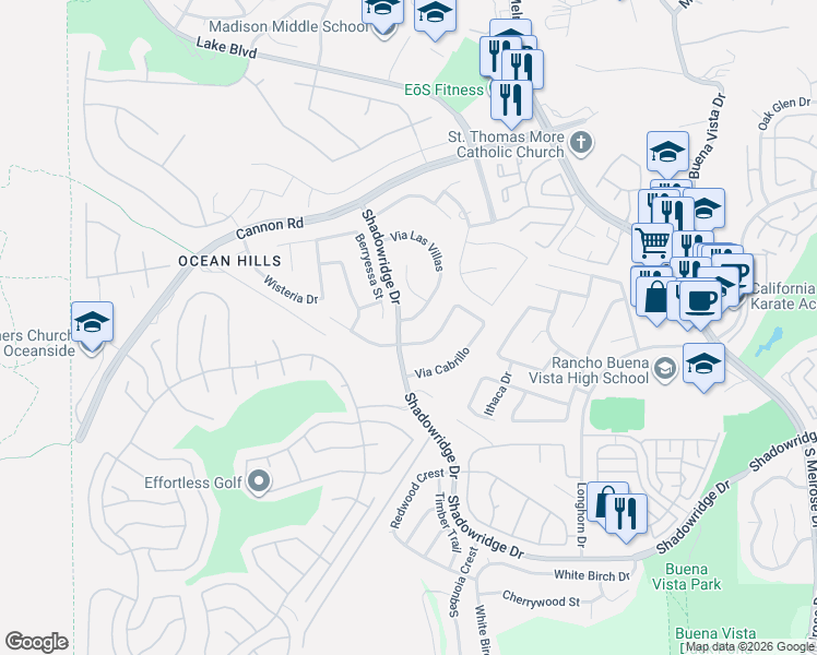 map of restaurants, bars, coffee shops, grocery stores, and more near 3796 Via Las Villas in Oceanside