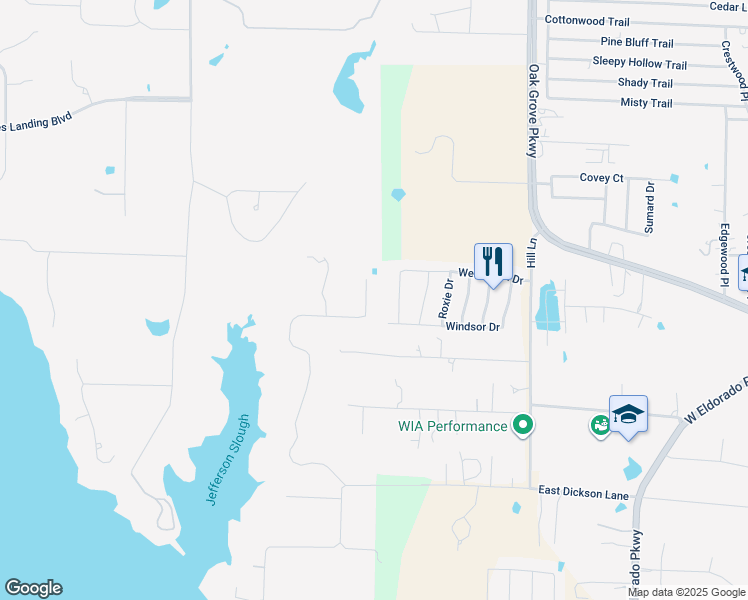 map of restaurants, bars, coffee shops, grocery stores, and more near 1020 Waters Edge Court in Oak Point