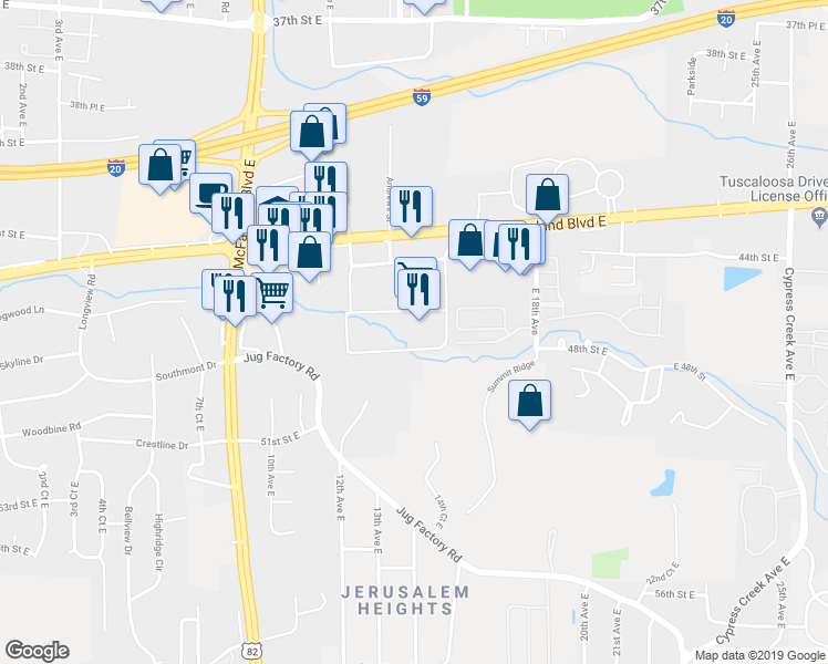 map of restaurants, bars, coffee shops, grocery stores, and more near 1501 Skyland Boulevard East in Tuscaloosa