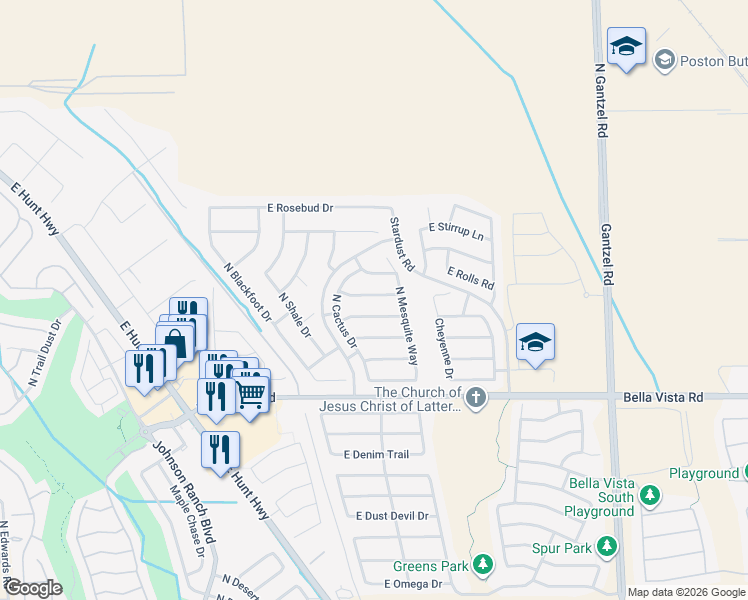 map of restaurants, bars, coffee shops, grocery stores, and more near 1067 East Stardust Way in San Tan Valley
