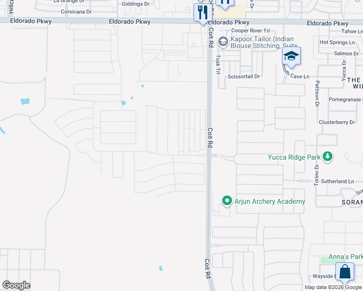 map of restaurants, bars, coffee shops, grocery stores, and more near Coit Road in Frisco