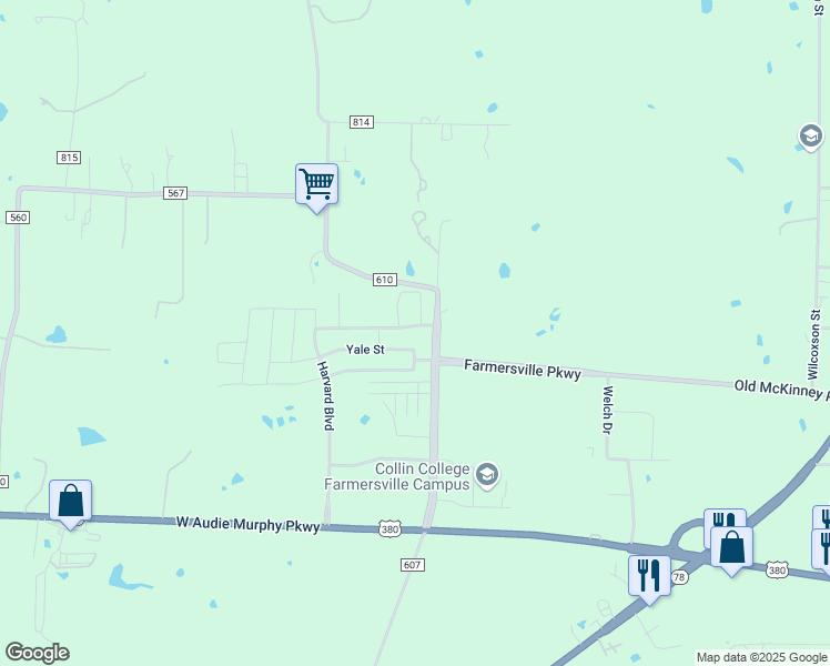 map of restaurants, bars, coffee shops, grocery stores, and more near 1700 Yale Street in Farmersville