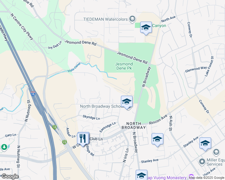 map of restaurants, bars, coffee shops, grocery stores, and more near 2387 Country Heights Road in Escondido
