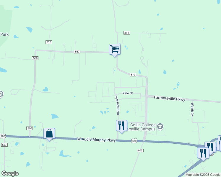 map of restaurants, bars, coffee shops, grocery stores, and more near 120 Harvard Boulevard in Farmersville