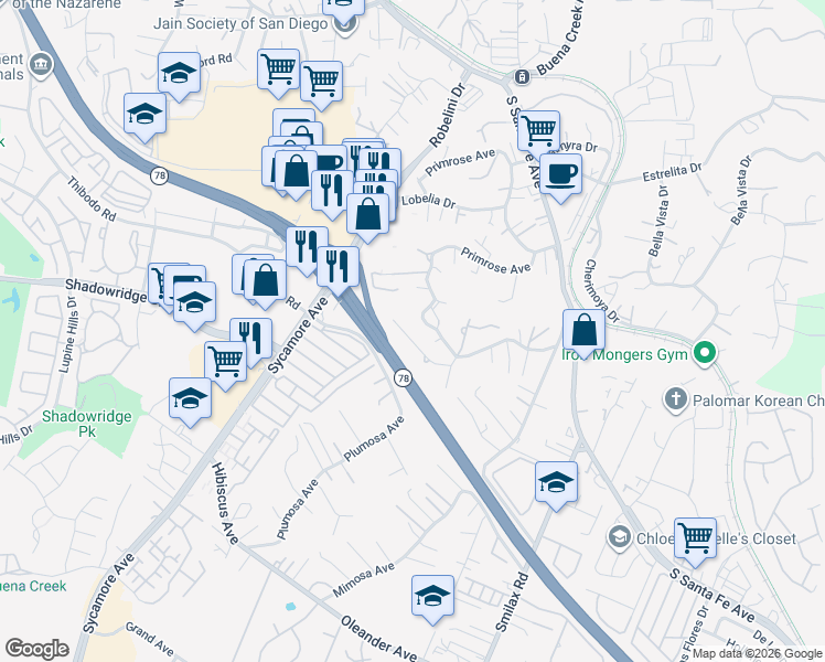 map of restaurants, bars, coffee shops, grocery stores, and more near 2430 Sunflower Terrace in Vista