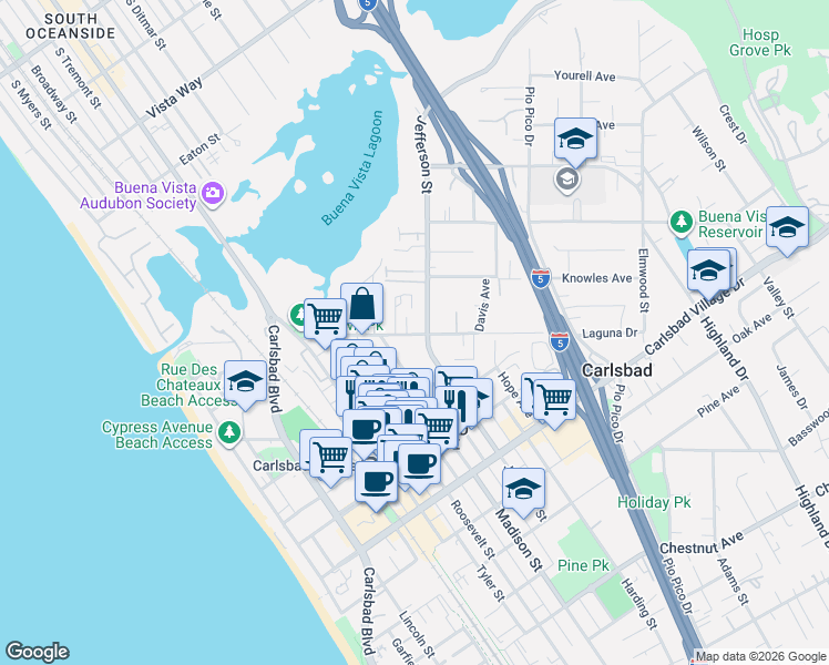 map of restaurants, bars, coffee shops, grocery stores, and more near 755 Laguna Drive in Carlsbad