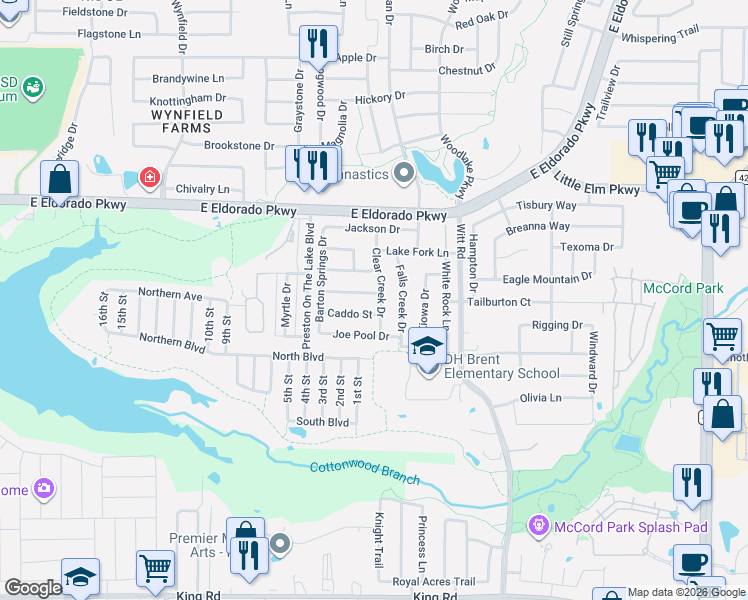 map of restaurants, bars, coffee shops, grocery stores, and more near 1950 Tawakani Lane in Little Elm