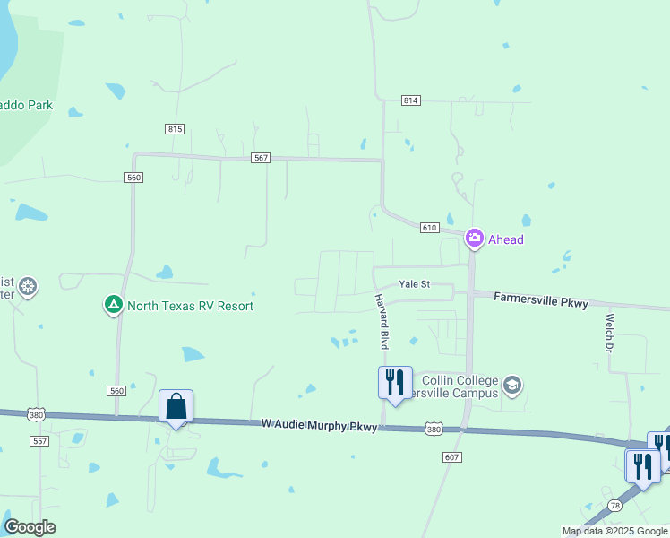 map of restaurants, bars, coffee shops, grocery stores, and more near 325 County Road 610 in Farmersville