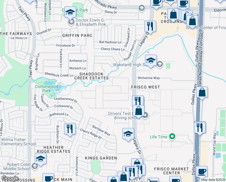 map of restaurants, bars, coffee shops, grocery stores, and more near 4149 Glenhurst Lane in Frisco