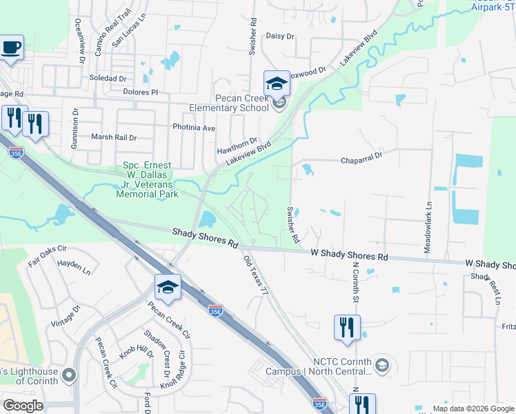 map of restaurants, bars, coffee shops, grocery stores, and more near 6503 West Shady Shores Road in Denton