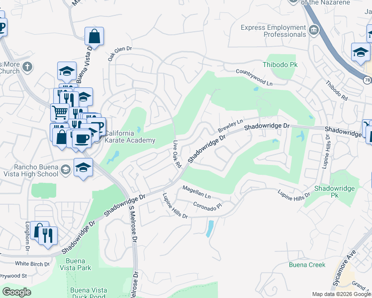 map of restaurants, bars, coffee shops, grocery stores, and more near 1381 Longfellow Road in Vista