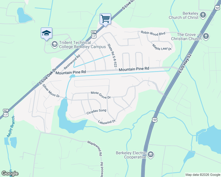 map of restaurants, bars, coffee shops, grocery stores, and more near 1102 Moss Grove Drive in Moncks Corner