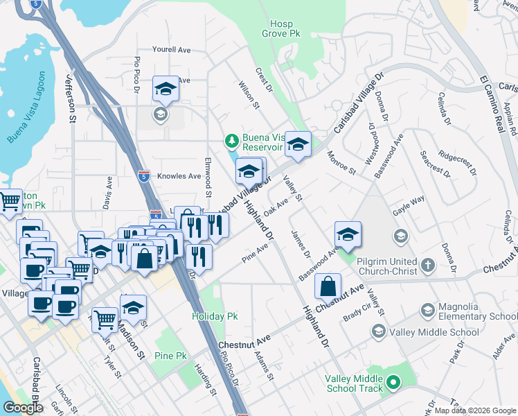 map of restaurants, bars, coffee shops, grocery stores, and more near 1297 Carlsbad Village Drive in Carlsbad
