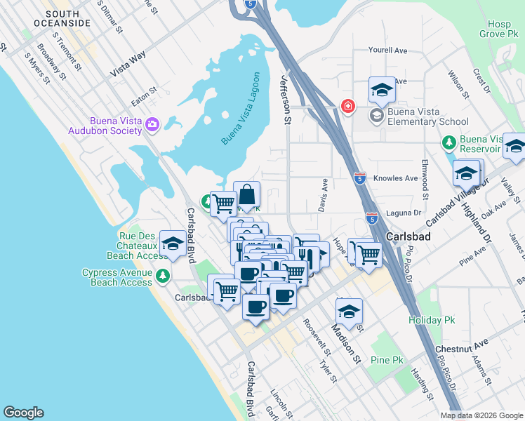 map of restaurants, bars, coffee shops, grocery stores, and more near 755 Laguna Drive in Carlsbad