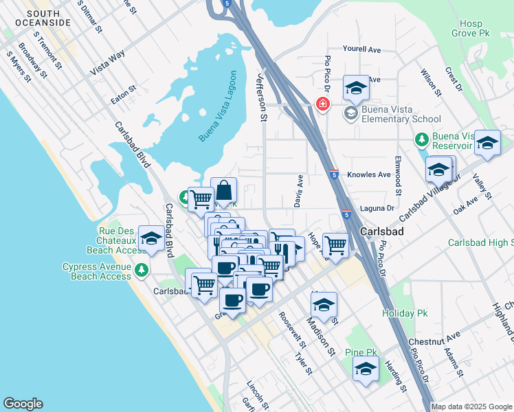map of restaurants, bars, coffee shops, grocery stores, and more near 755 Laguna Drive in Carlsbad