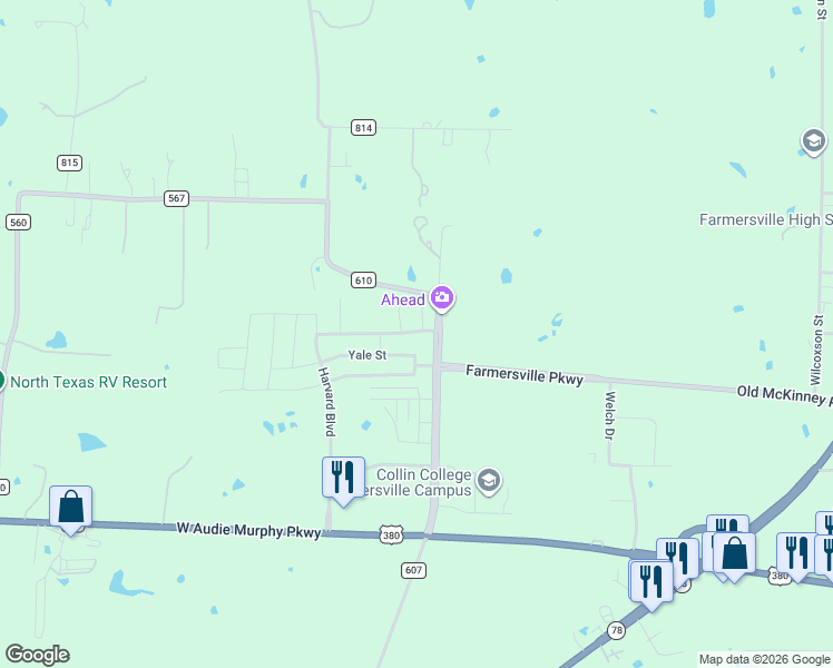 map of restaurants, bars, coffee shops, grocery stores, and more near 1701 Crimson Avenue in Farmersville