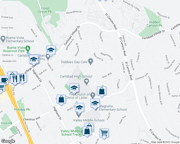 map of restaurants, bars, coffee shops, grocery stores, and more near 2041 Gayle Way in Carlsbad