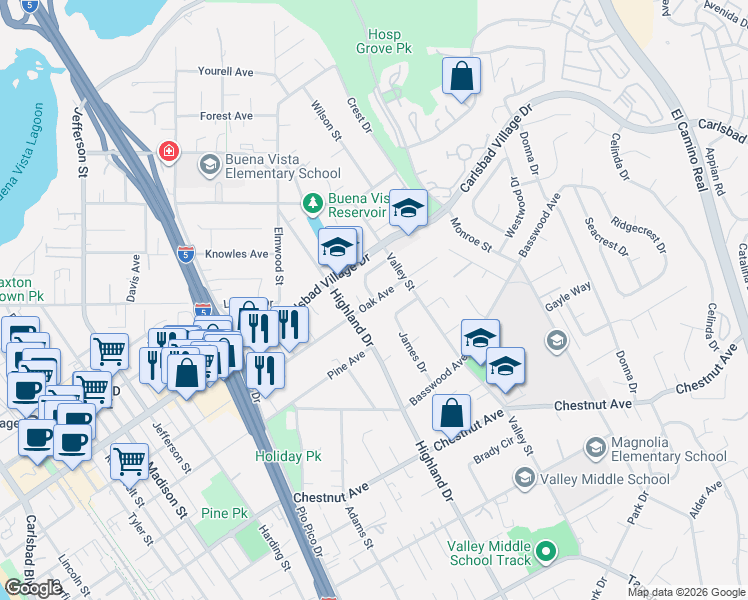 map of restaurants, bars, coffee shops, grocery stores, and more near 1305 James Drive in Carlsbad