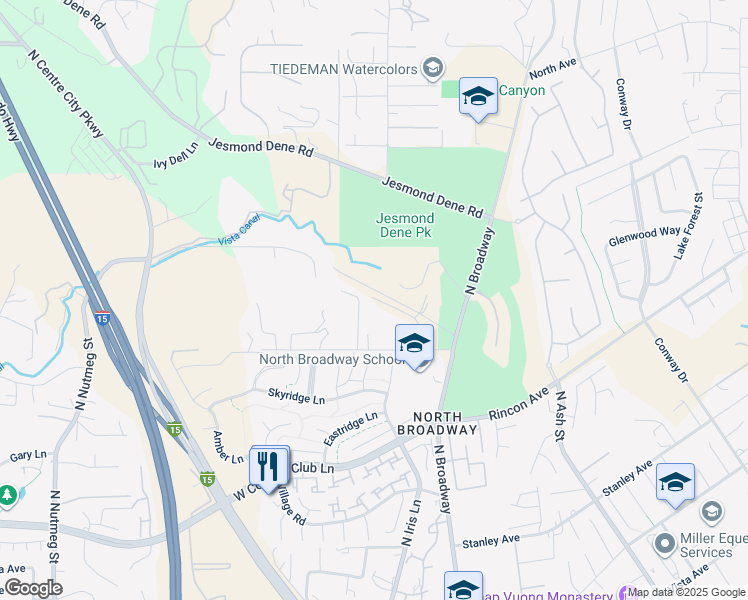 map of restaurants, bars, coffee shops, grocery stores, and more near 2387 Country Heights Road in Escondido
