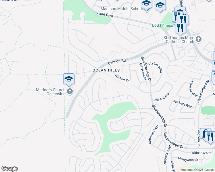 map of restaurants, bars, coffee shops, grocery stores, and more near 4547 Cordoba Way in Oceanside