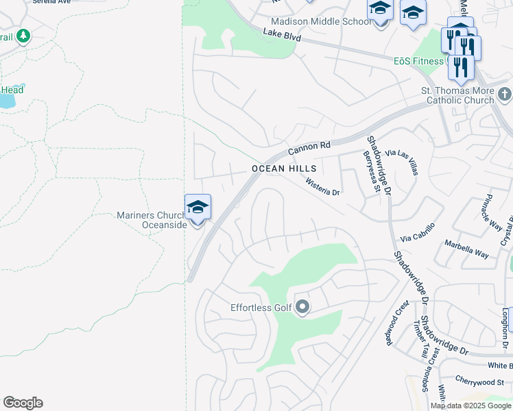 map of restaurants, bars, coffee shops, grocery stores, and more near 4654 Cordoba Way in Oceanside