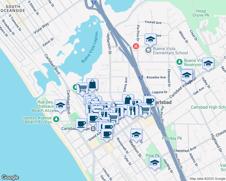 map of restaurants, bars, coffee shops, grocery stores, and more near 2720 Jefferson Street in Carlsbad