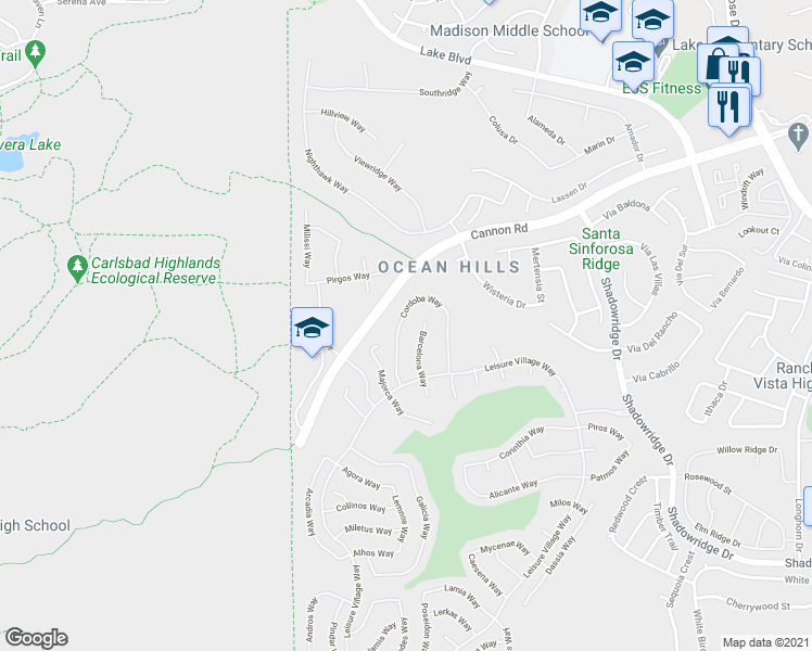 map of restaurants, bars, coffee shops, grocery stores, and more near 4654 Cordoba Way in Oceanside