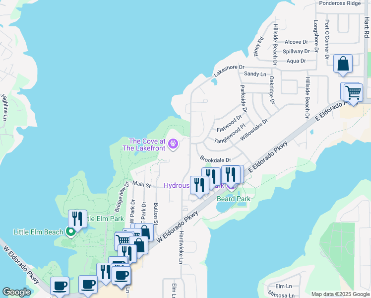 map of restaurants, bars, coffee shops, grocery stores, and more near 489 Lakeshore Drive in Little Elm