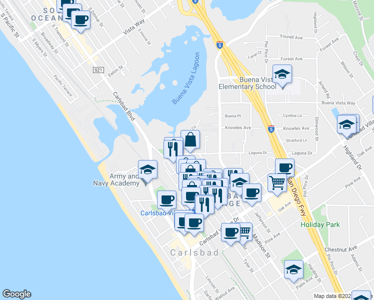 map of restaurants, bars, coffee shops, grocery stores, and more near 624 Laguna Drive in Carlsbad