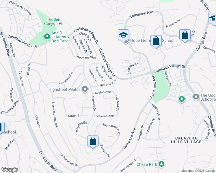 map of restaurants, bars, coffee shops, grocery stores, and more near 2755 Victoria Avenue in Carlsbad