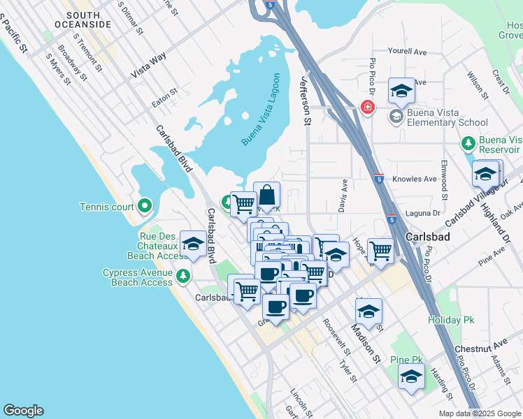 map of restaurants, bars, coffee shops, grocery stores, and more near 624 Laguna Drive in Carlsbad