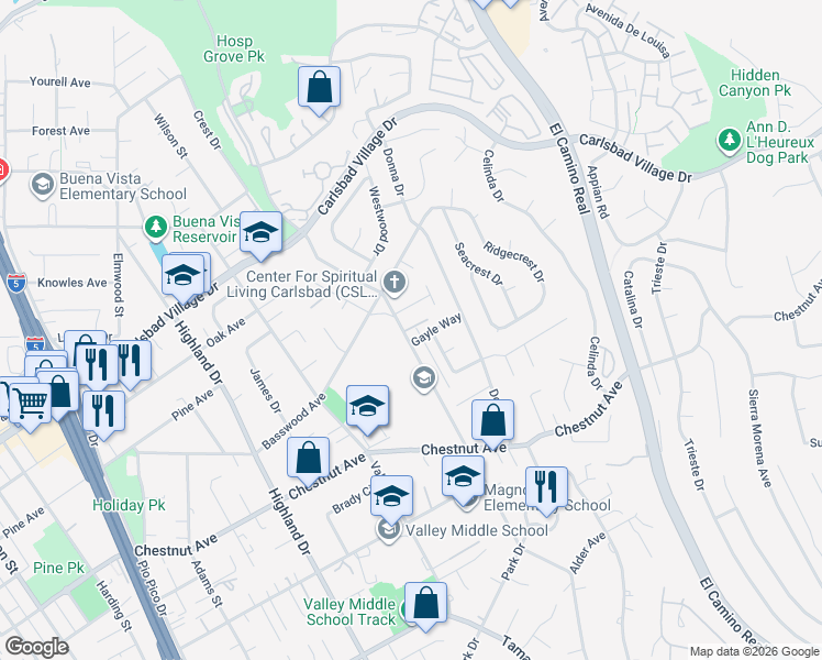 map of restaurants, bars, coffee shops, grocery stores, and more near 3410 Monroe Street in Carlsbad