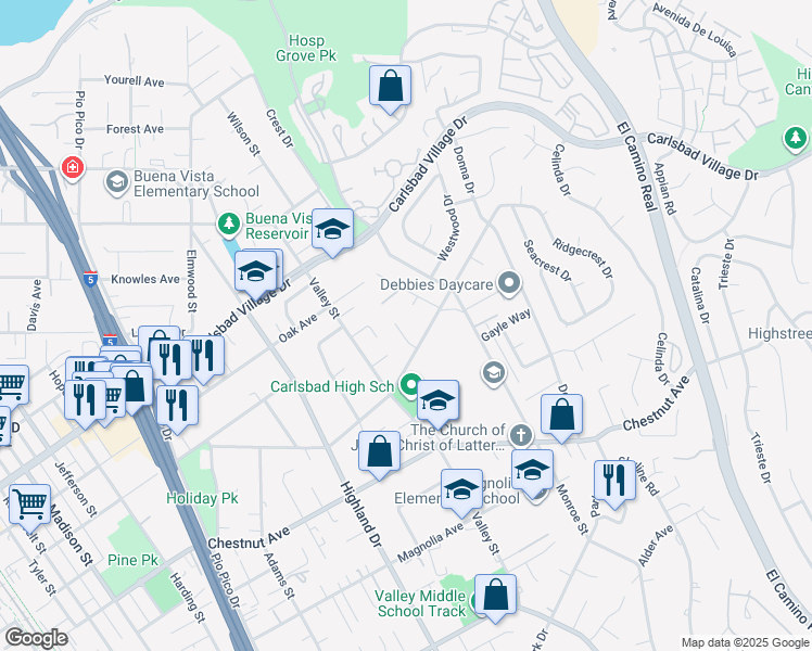 map of restaurants, bars, coffee shops, grocery stores, and more near 3280 Maezel Lane in Carlsbad