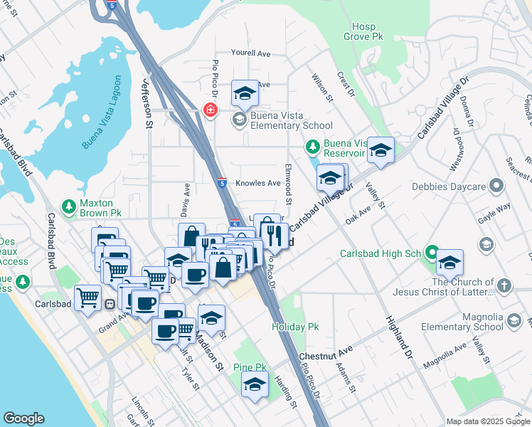 map of restaurants, bars, coffee shops, grocery stores, and more near 2920 Pio Pico Drive in Carlsbad