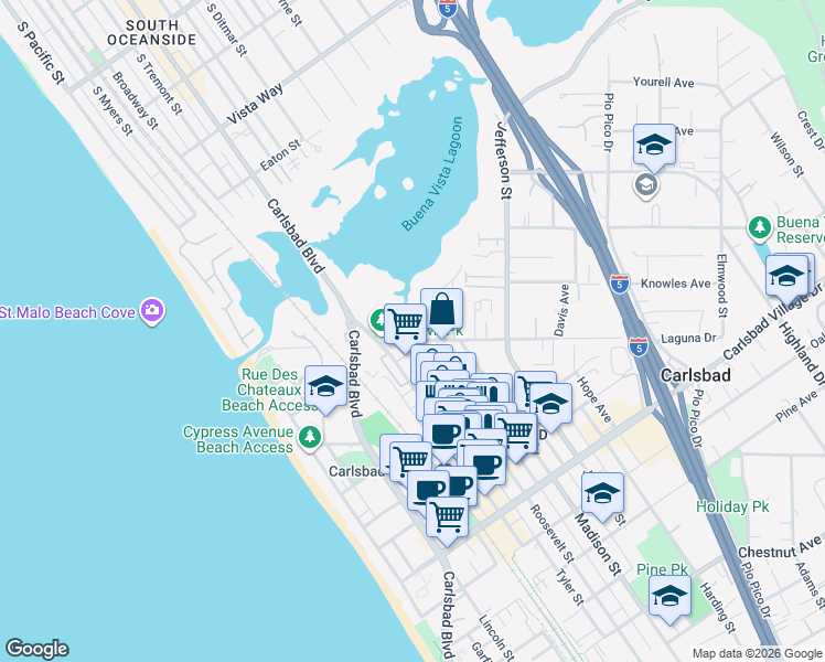 map of restaurants, bars, coffee shops, grocery stores, and more near 577 Laguna Drive in Carlsbad
