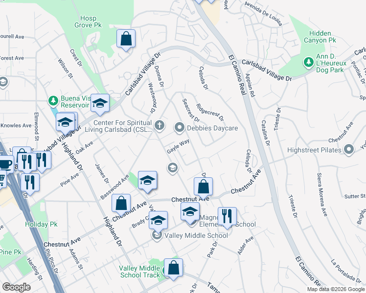 map of restaurants, bars, coffee shops, grocery stores, and more near 2061 Gayle Way in Carlsbad
