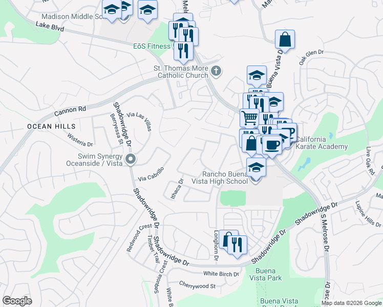 map of restaurants, bars, coffee shops, grocery stores, and more near 1636 Olympus Loop Drive in Vista