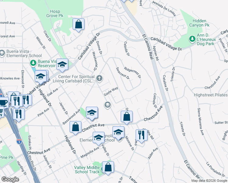 map of restaurants, bars, coffee shops, grocery stores, and more near 2061 Gayle Way in Carlsbad