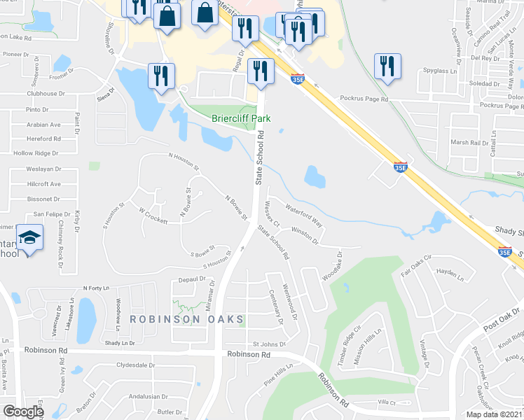 map of restaurants, bars, coffee shops, grocery stores, and more near 3612 Wessex Court in Denton