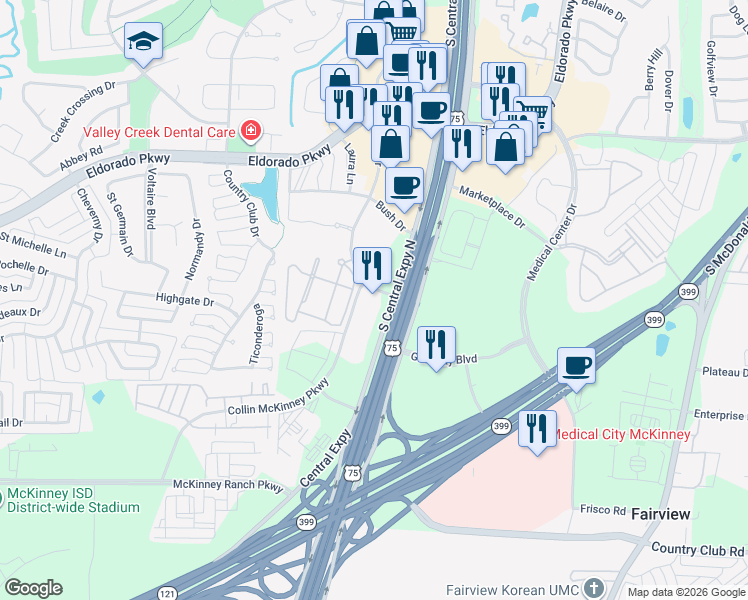 map of restaurants, bars, coffee shops, grocery stores, and more near 3450 S Central Expy in McKinney