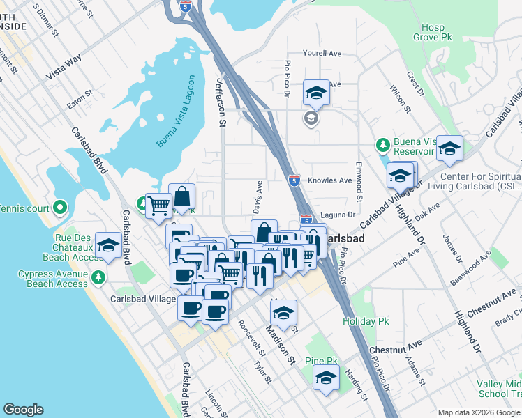 map of restaurants, bars, coffee shops, grocery stores, and more near 980 Laguna Drive in Carlsbad