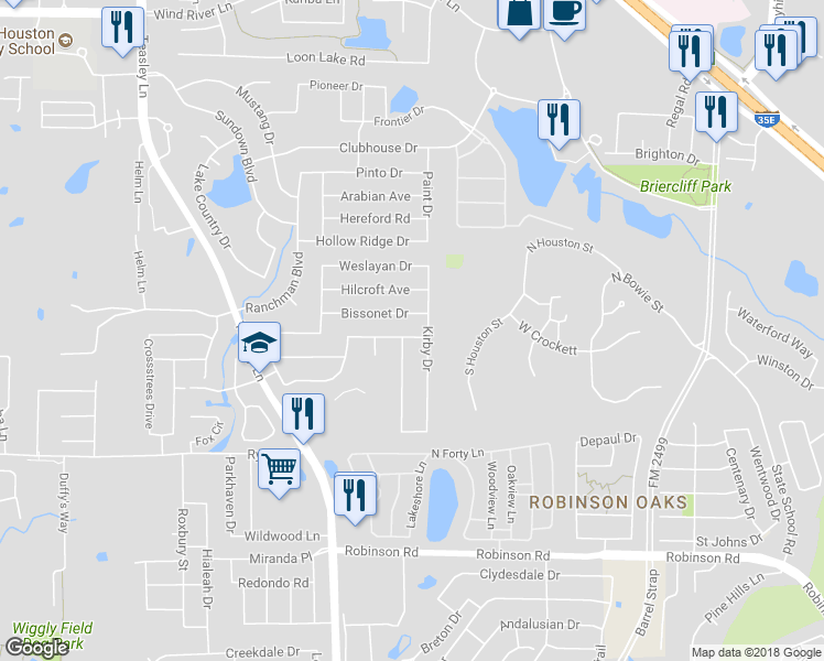 map of restaurants, bars, coffee shops, grocery stores, and more near 2817 San Felipe in Denton