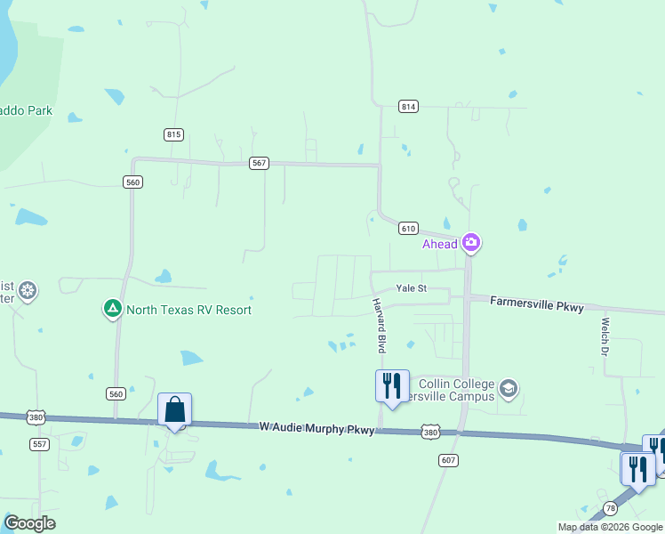 map of restaurants, bars, coffee shops, grocery stores, and more near 325 County Road 610 in Farmersville