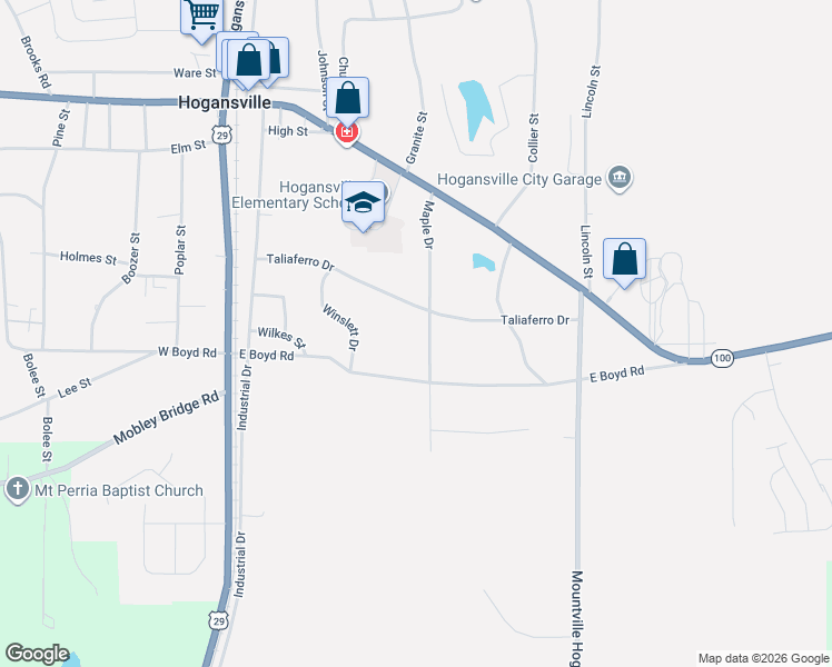 map of restaurants, bars, coffee shops, grocery stores, and more near 203 Maple Drive in Hogansville