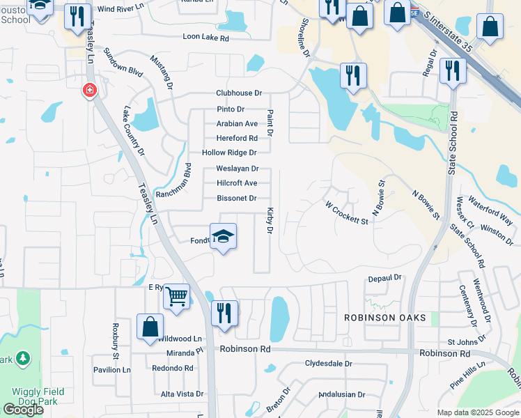 map of restaurants, bars, coffee shops, grocery stores, and more near 2817 San Felipe Drive in Denton